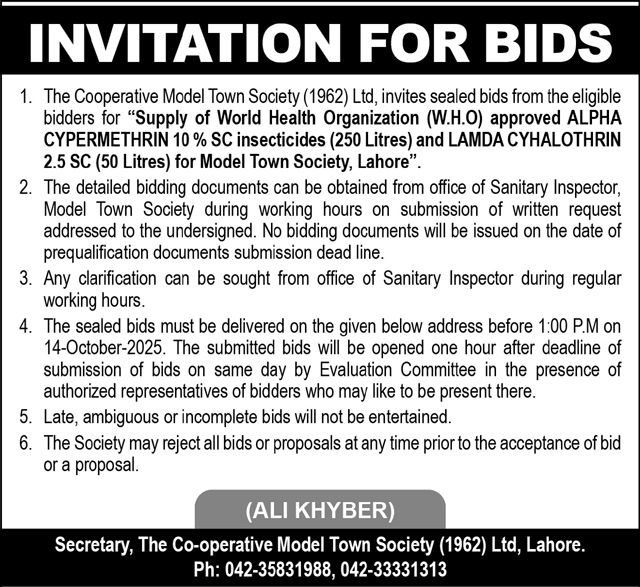 The Cooperative Model Town Society Limited Tender Notice